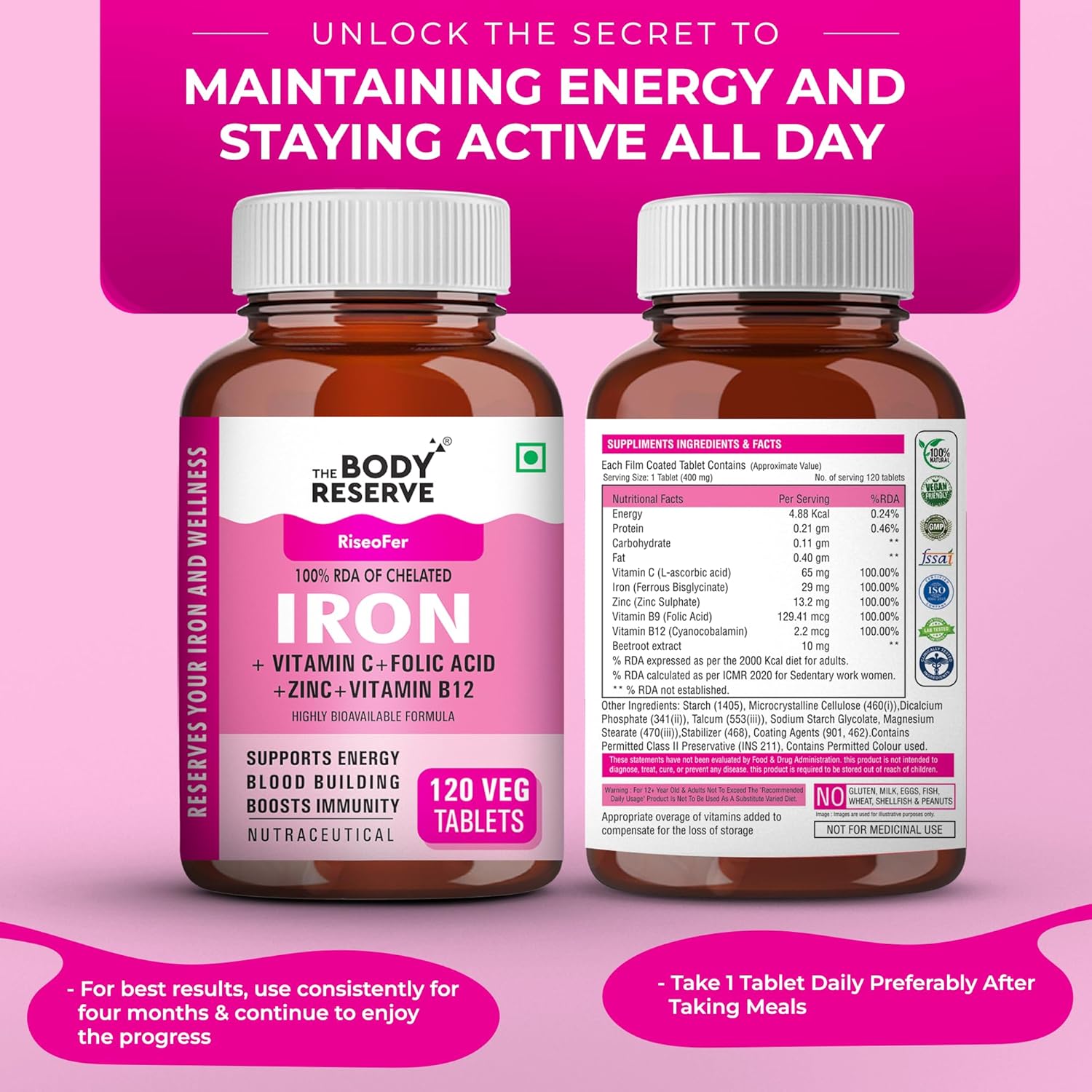 The Body Reserve Chelated Iron + Vitamin C Tablets-120 capsules with Vitamin B12,Zinc,Folic Acid,Beetroot Extract-High Absorption,Supports Blood Building,Energy & Immunity,100% RDA,1 count