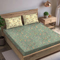 Trance Home Linen 180TC 100% Cotton 78"x60" Standard Queen Size Elastic Fitted Bedsheet Printed Bed Size with 2 Pillow Covers  180 TC Colour Lilly Green Ivory
