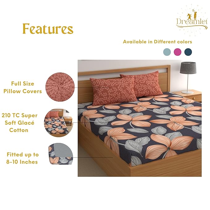 Dreamlet All Around Elastic Supersoft 210tc Premium Cotton Elastic Fitted Bedsheets With 2 King Size Pillow Covers | Blue & Brown