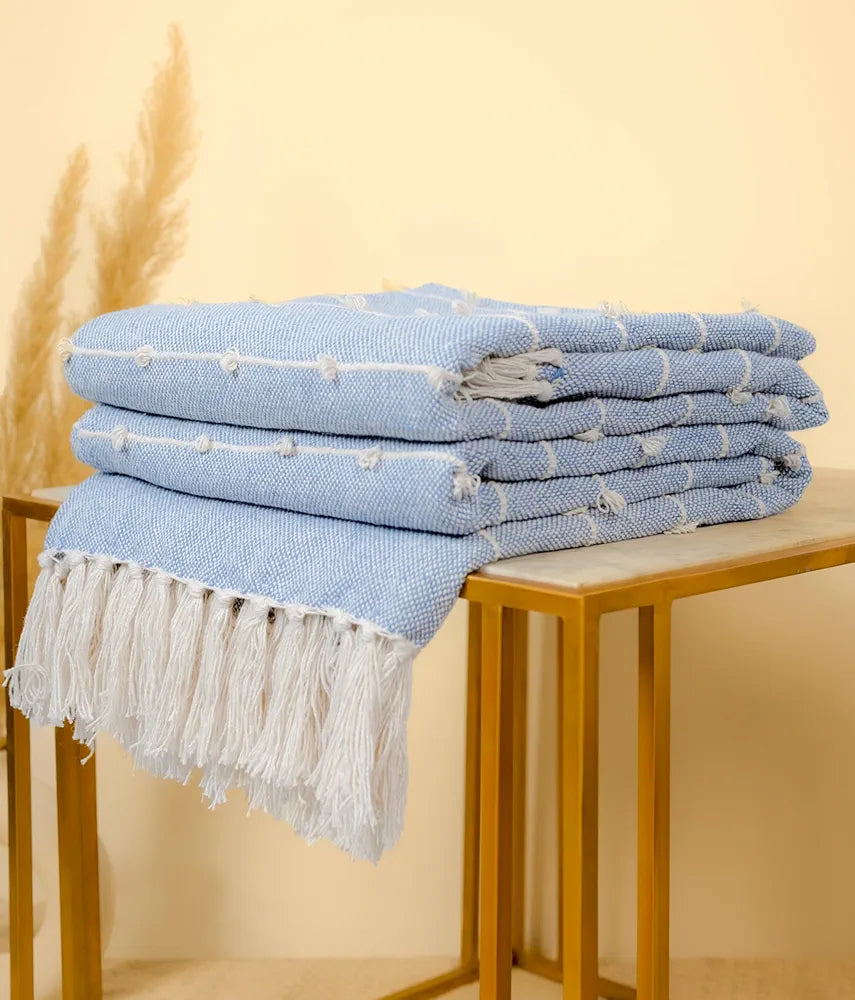 Sajavat Home Hand Knitted Pure Cotton 3 Seater Sofa Throw Colour Blue