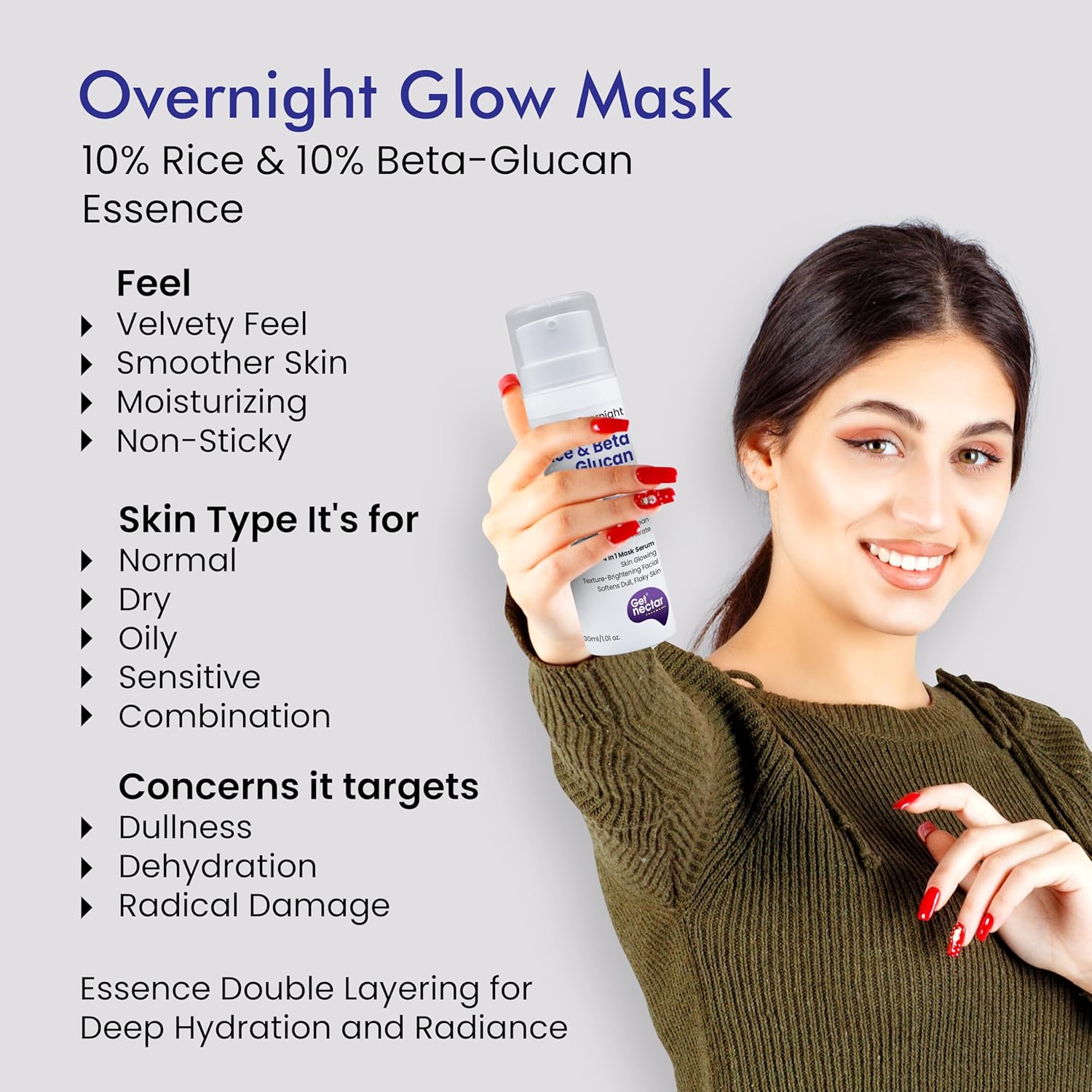 Get Nectar Happiness Overnight Glow Mask Rice & Beta-Glucan (Oil Free) with Rice fermented, Beta-glucan & Bean Essence for Skin Glowing Texture-Brightening facial, Softens dull, & Younger-Look (30ml)
