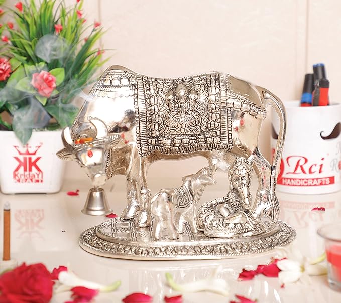 KridayKraft Kamdhenu Cow Calf with Bal Gopal Krishna Metal Statue for Good Luck Feng Shui As Table Top Idol