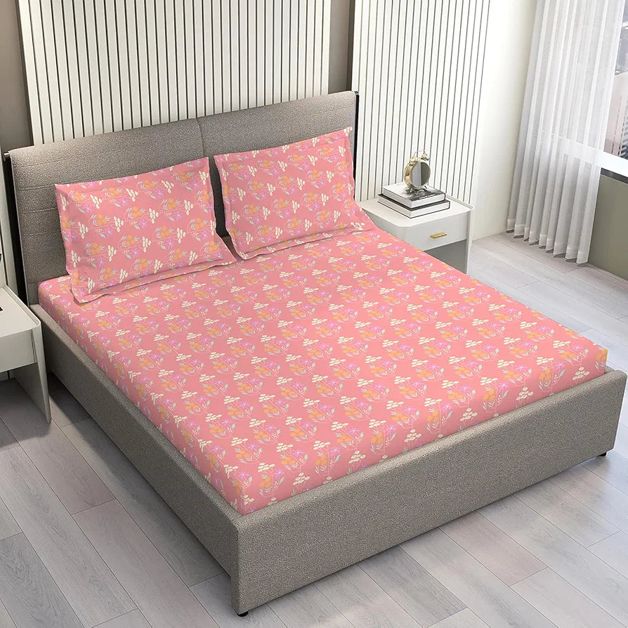 Layers Tivoli Cotton Bedsheet Set for All Seasons Lightweight 104 TC Queen Size Beige/Blue Color