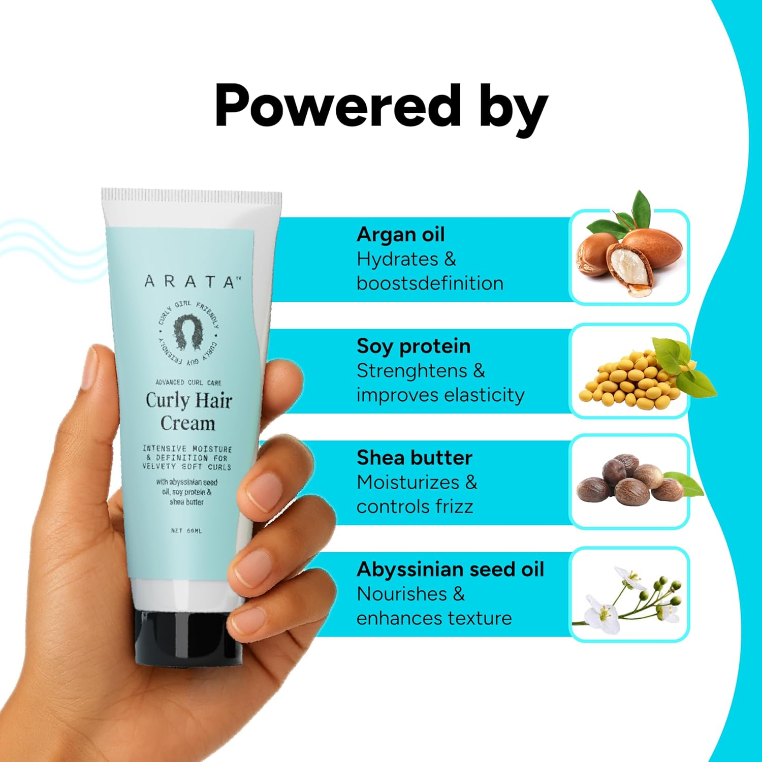 Arata Curl Cream For Curly, Frizzy & Dry Hair | Moisturises & Hydrates Curls | Reduces Frizz| Derma Tested | Soy Protein & Shea Butter | 50g