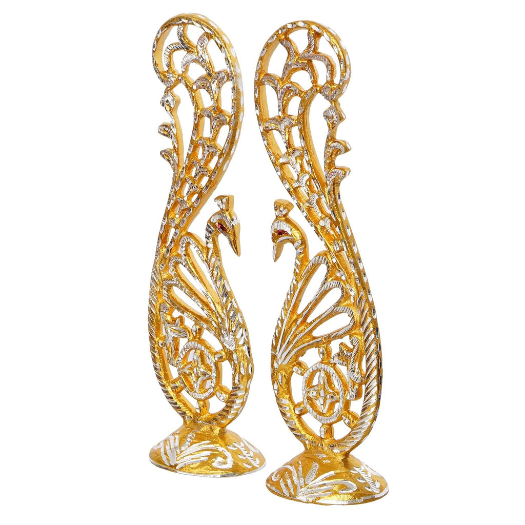 Ecraftindia Golden and Silver Metal Handcrafted Peacock Couple Statues Decorative Birds Figurines Showpieces