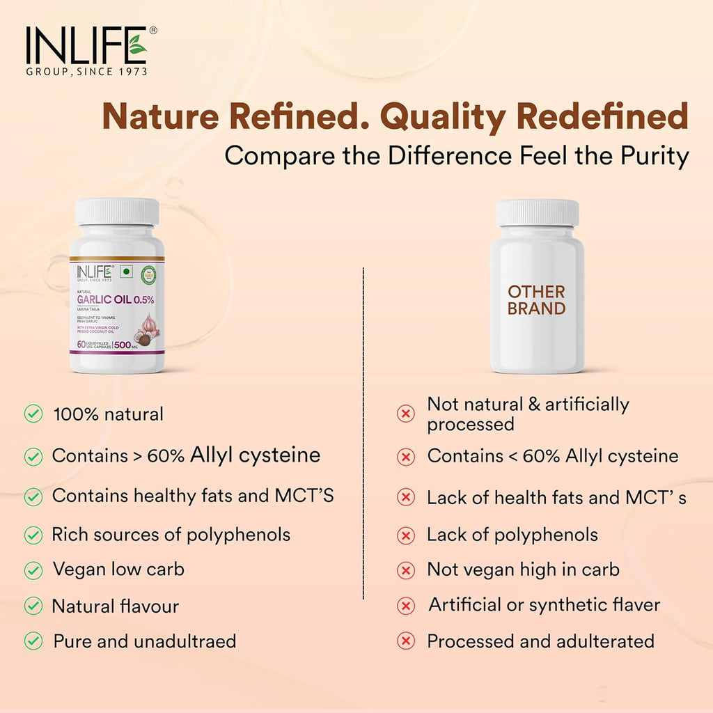 INLIFE Natural Garlic Oil with Coconut Oil Filled Capsules | Extra Virgin Cold Pressed Oil | Helps Support Heart Health, Immunity & Digestion | 60 Vegetarian Capsules