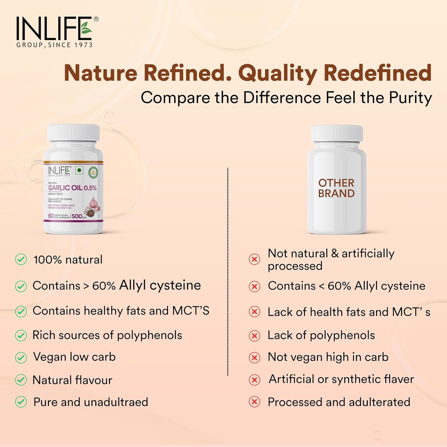 INLIFE Natural Garlic Oil with Coconut Oil Filled Capsules | Extra Virgin Cold Pressed Oil | Helps Support Heart Health, Immunity & Digestion | 60 Vegetarian Capsules