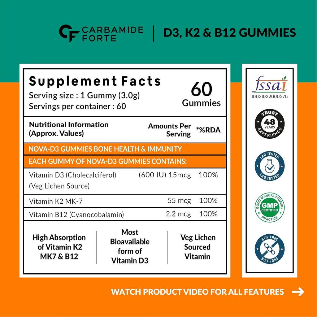 Carbamide Forte Vitamin D3 K2 B12 Gummies | Vitamin B12 Supplements | B12 Supplements For Bone Health & Immunity | Veg Lichen Source D3 Supplement | Mango Flavoured - 60 Gummies