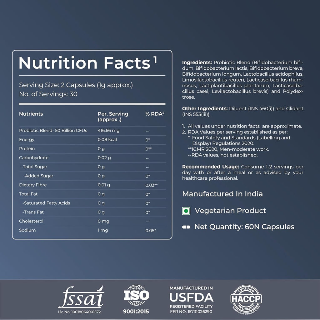 Nutrabay Wellness Pre & Probiotic Digestive Support 50 Billion CFUs - Improves Digestion & Immunity, Probiotic Supplement for Men and Women - 60 Veg Capsules
