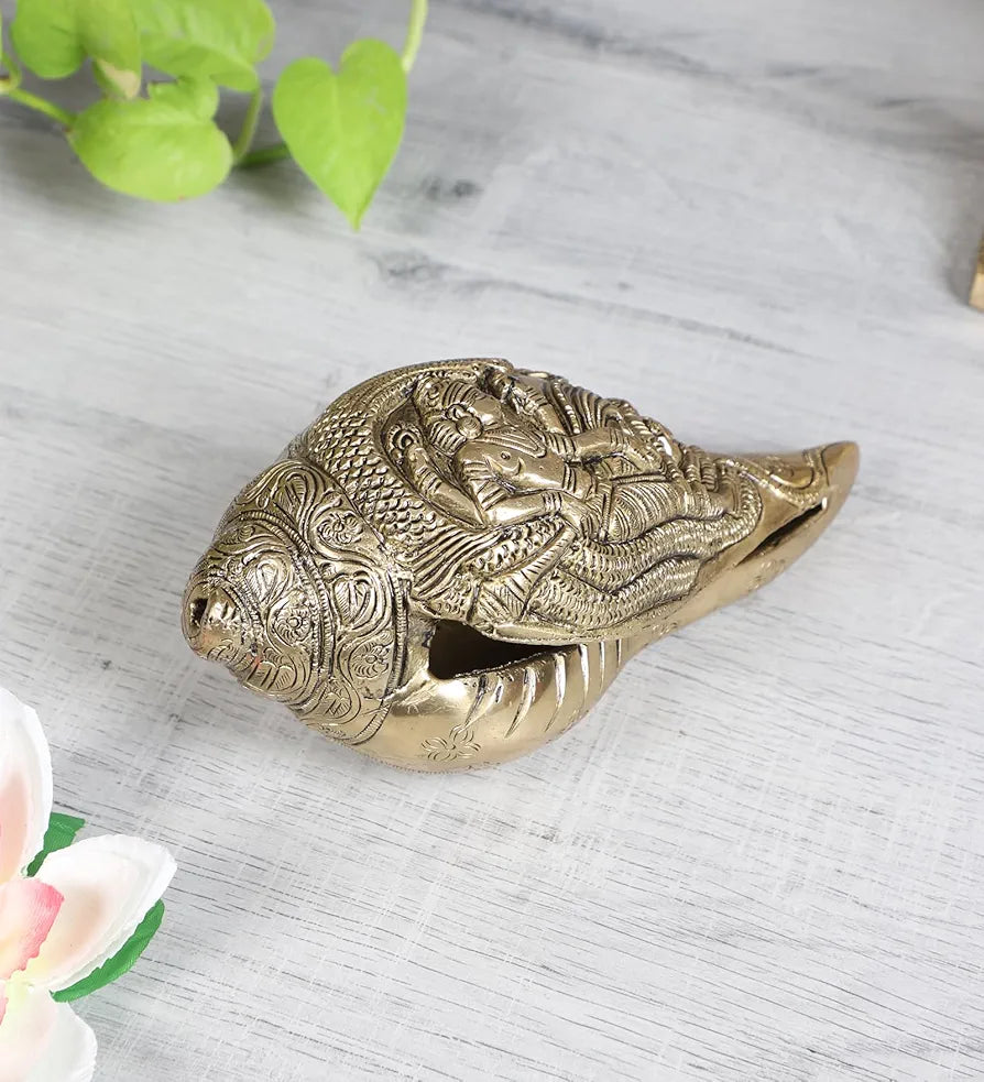 Two Moustaches Brass Shankh with Vishnu Carving