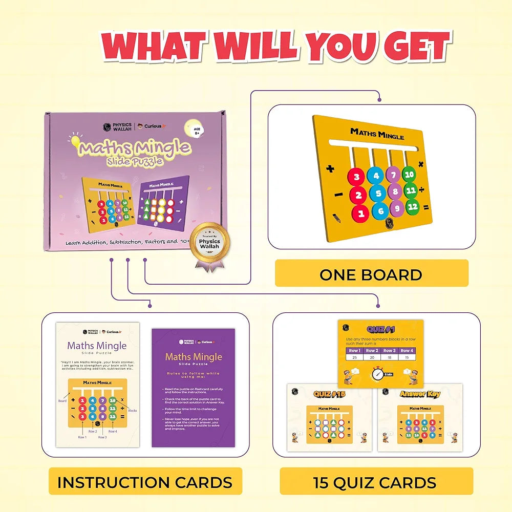 PW Wooden Maths Slide Puzzle Game for Kids Age 4-10 Solve Fun Puzzles with Quizzes & Learn Addition Subtraction, Multiplication Division Shapes Colours