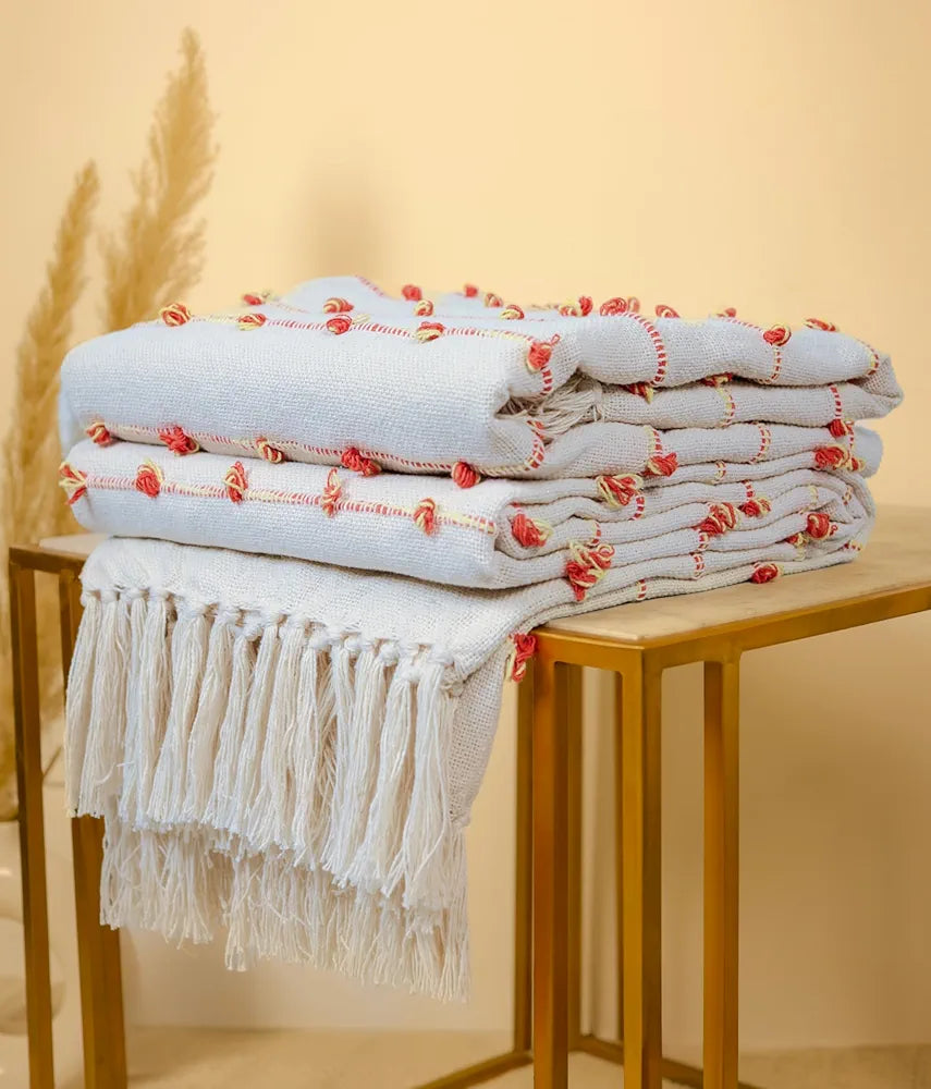 Sajavat Home Hand-Knitted Pure Cotton 3 Seater Sofa Throw Colour Beige & Orange