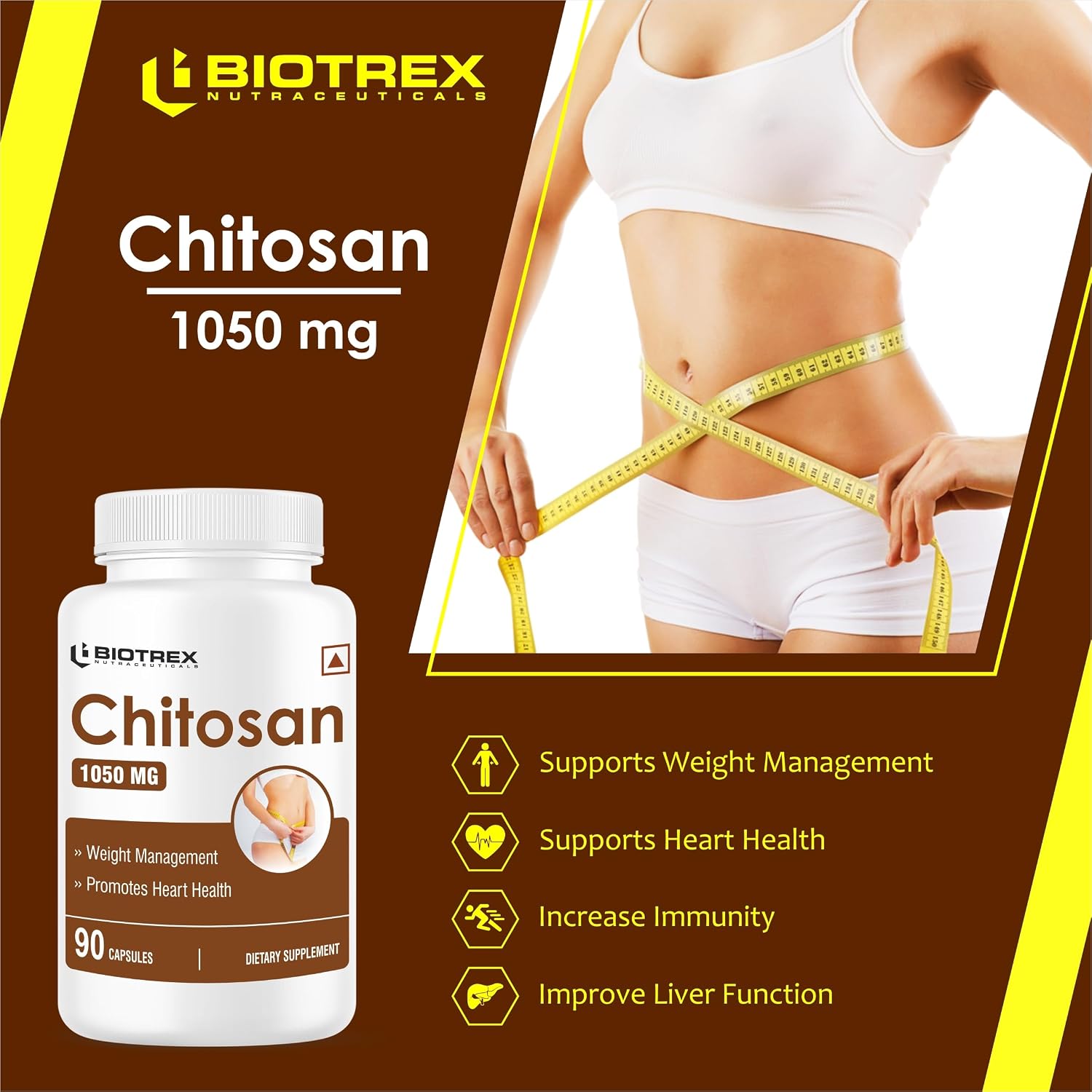 Biotrex Nutraceuticals Chitosan 1050mg, Healthy Weight Management, A Natural Source of Marine Fiber - 90 Capsules
