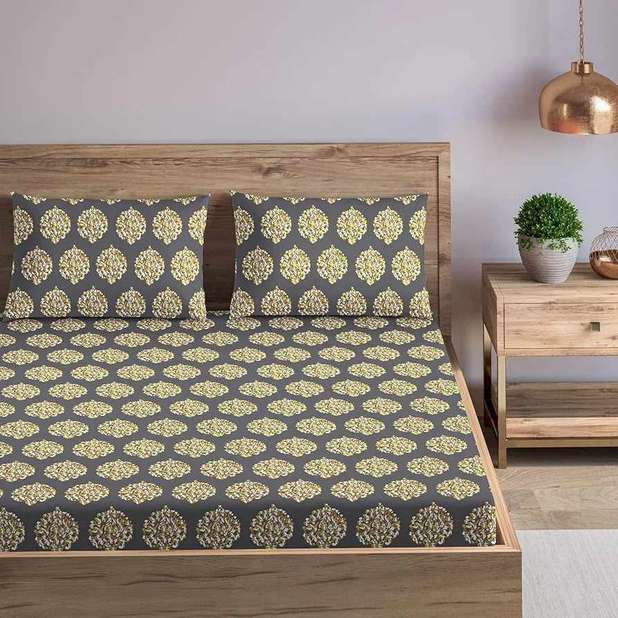 Trance Home Linen 200TC 100% Cotton 78"x60" Standard Queen Size Elastic Fitted Bedsheet Printed Elasticated with 2 Pillow Covers Colour Damask Warm Grey Mustard