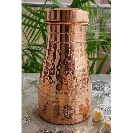 Indian Art Villa Pure Copper Bedroom Water Bottle With Inbuilt Glass Hammered Shine Design - 950 ml