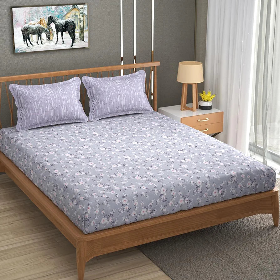 Homefab India 210 TC Glace Cotton King Size BedSheet with 2 Pillow Covers Floral Purple