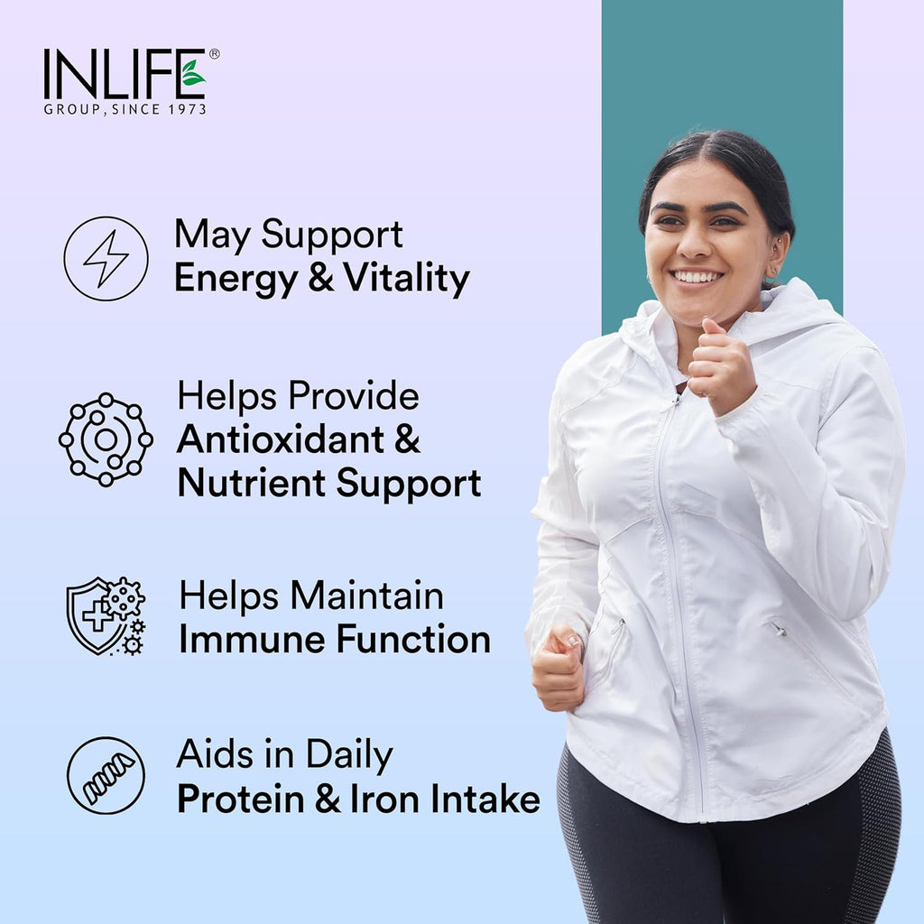 INLIFE Spirulina Tablets 2000 mg (per serving) | Green Superfood Supplement | Nutritional Supplement Protein Fiber Antioxidants - 120 Tablets (Pack of 1, 120, count)