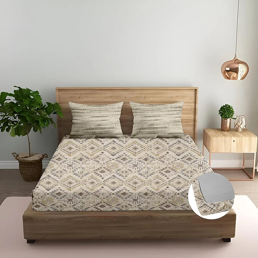 Trance Home Linen 100% Cotton 180 TC Bedsheet Printed Fitted Bedspread with 2 Pillow Covers Colour Silken Mosaic Taupe