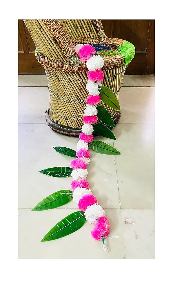 Artificial Marigold &Mango Leaves Simple Door-Window Toran White and Baby Pink