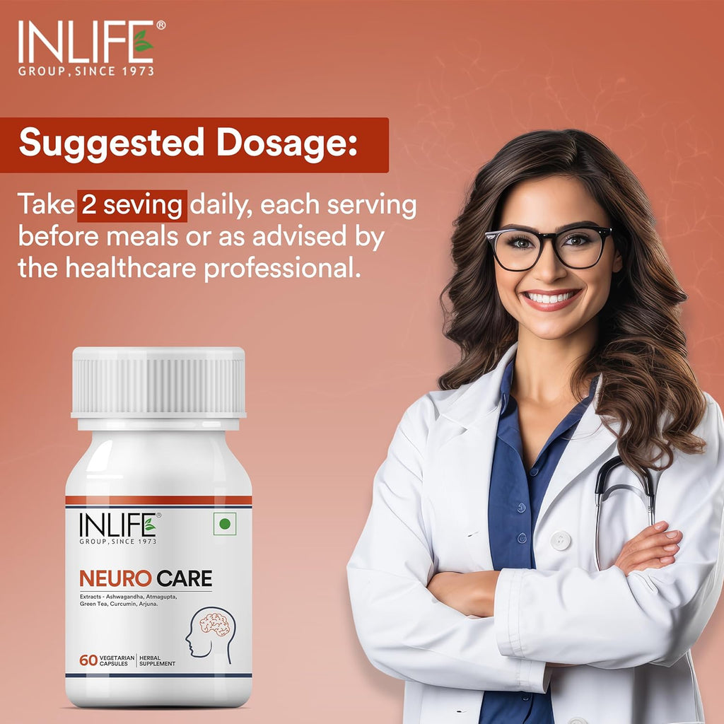 INLIFE Neuro Nerve Care Health Supplement - Ashwagandha, Green Tea, Turmeric (Curcumin), Arjuna, Atmagupta Extracts 500 mg - 60 Vegetarian Capsules (Pack of 1, 60)