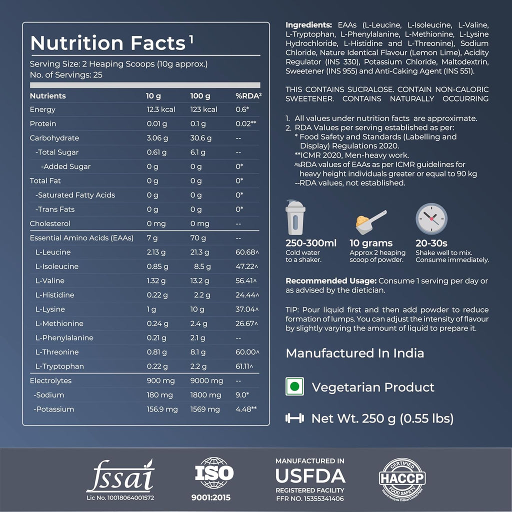 Nutrabay Pro Eaas With Electrolytes (Essential Amino Acids) - Lemon Lime, 250G, Powder, 1 Count, 25 Servings
