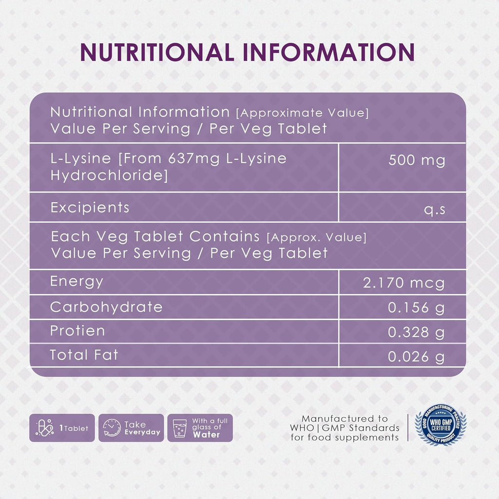 Ambrosial L-lysine | High Strength L-lysine tablets 500mg | Immune Support & Supports Collagen Synthesis | Essential Amino Acids for Active Lifestyle (Pack of 1-120 Tablets)