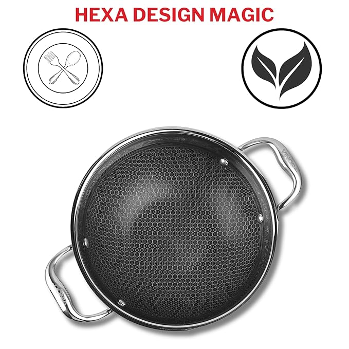 Vinod Sas Pro Platinum Stainless Steel Non Stick Extra Deep Kadai With Lid- 3.3 Litre, 24cm | Hexa Design Triply Kadhai
