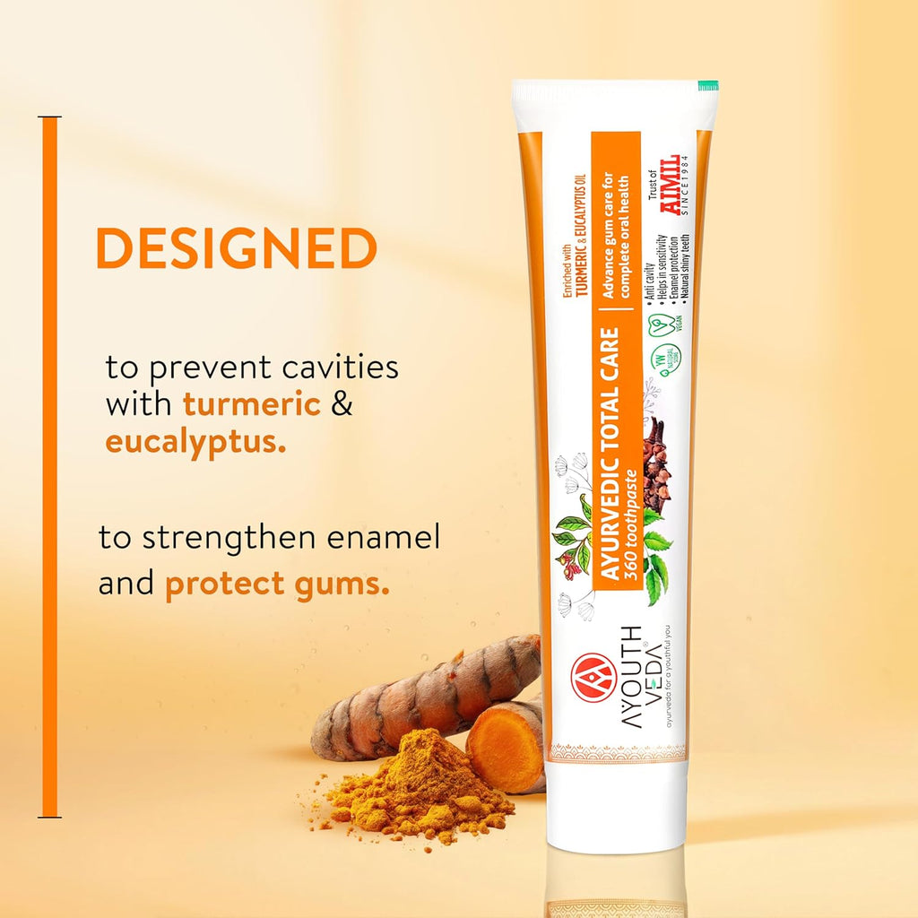 Ayouthveda Total Care 360 Toothpaste | Turmeric & Eucalyptus Oil Toothpaste for Cavity Prevention, Enamel Protection, Gum Strengthening & Long-Lasting Fresh Breath | Natural Anti-Bacterial Oral Care Formula | 100g (Pack of 1)