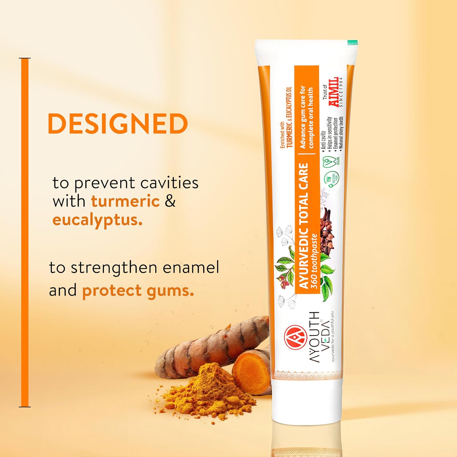 Ayouthveda Total Care 360 Toothpaste | Turmeric & Eucalyptus Oil Toothpaste for Cavity Prevention, Enamel Protection, Gum Strengthening & Long-Lasting Fresh Breath | Natural Anti-Bacterial Oral Care Formula | 100g (Pack of 1)