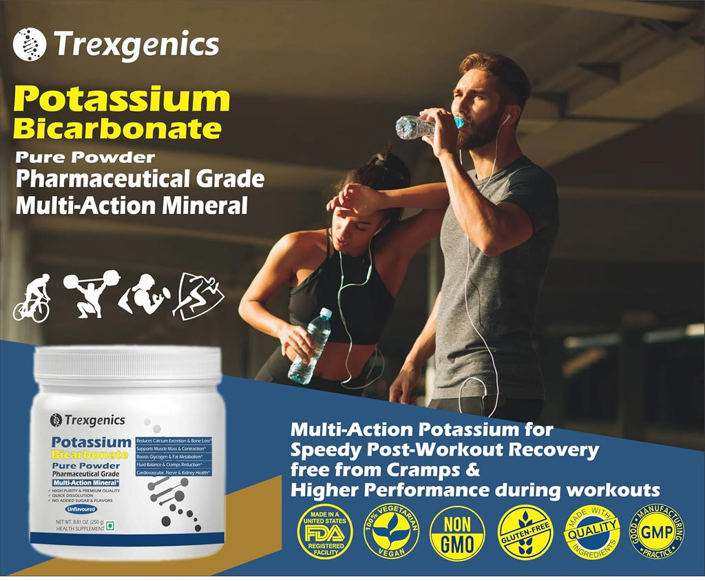 Trexgenics POTASSIUM BICARBONATE Pure Powder Pharmaceutical Grade Electrolyte Balance, Nerve & Muscle Health (250 gram / 8.81 OZ)