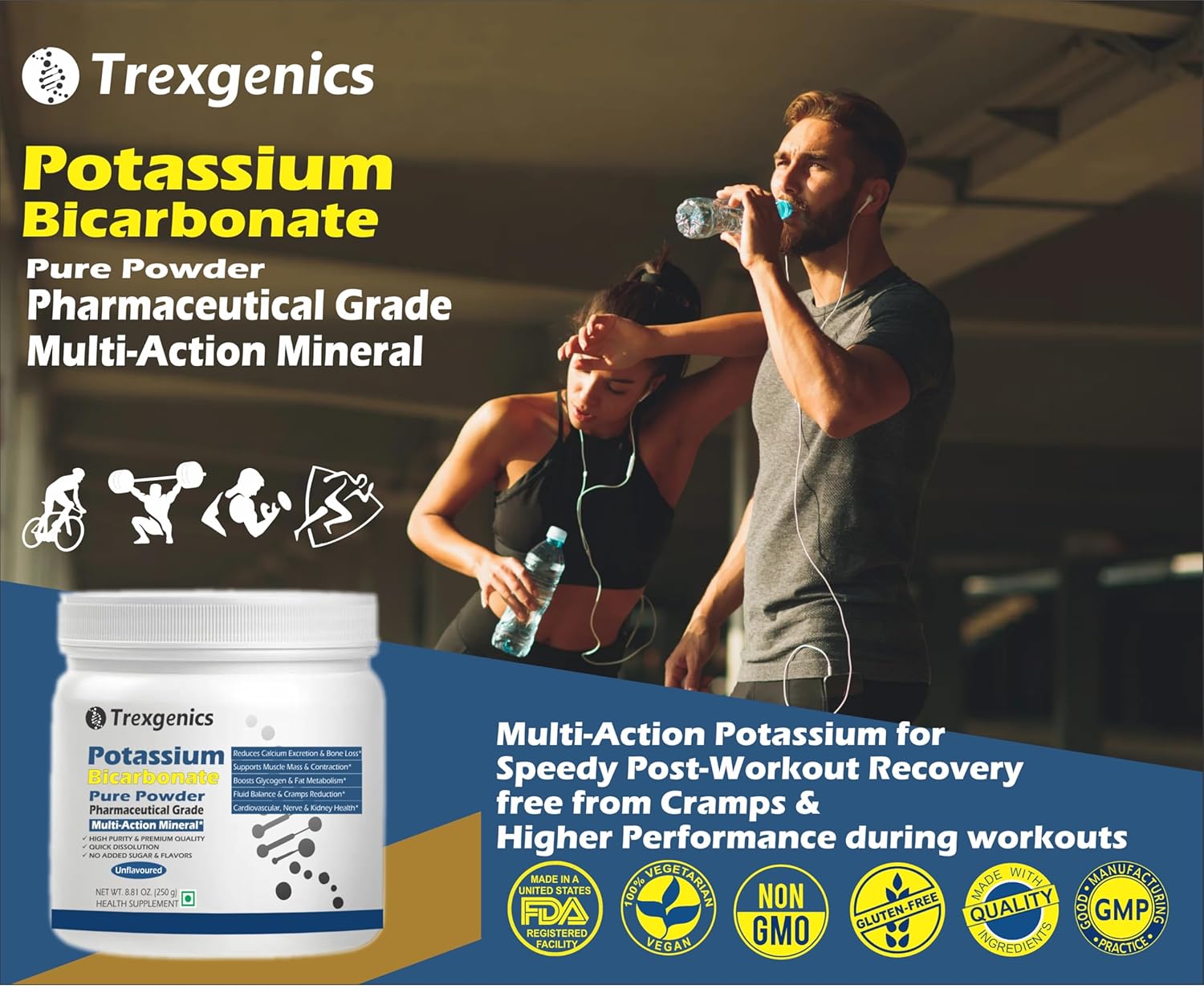 Trexgenics POTASSIUM BICARBONATE Pure Powder Pharmaceutical Grade Electrolyte Balance, Nerve & Muscle Health (250 gram / 8.81 OZ)