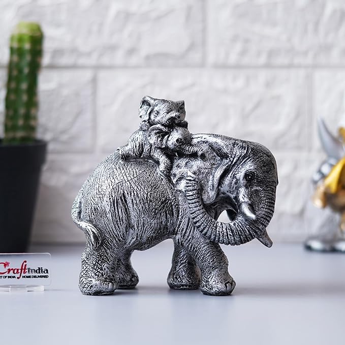 Ecraftindia Polyresin Elephant Statue With Baby Elephant on His Back Decorative Showpiece