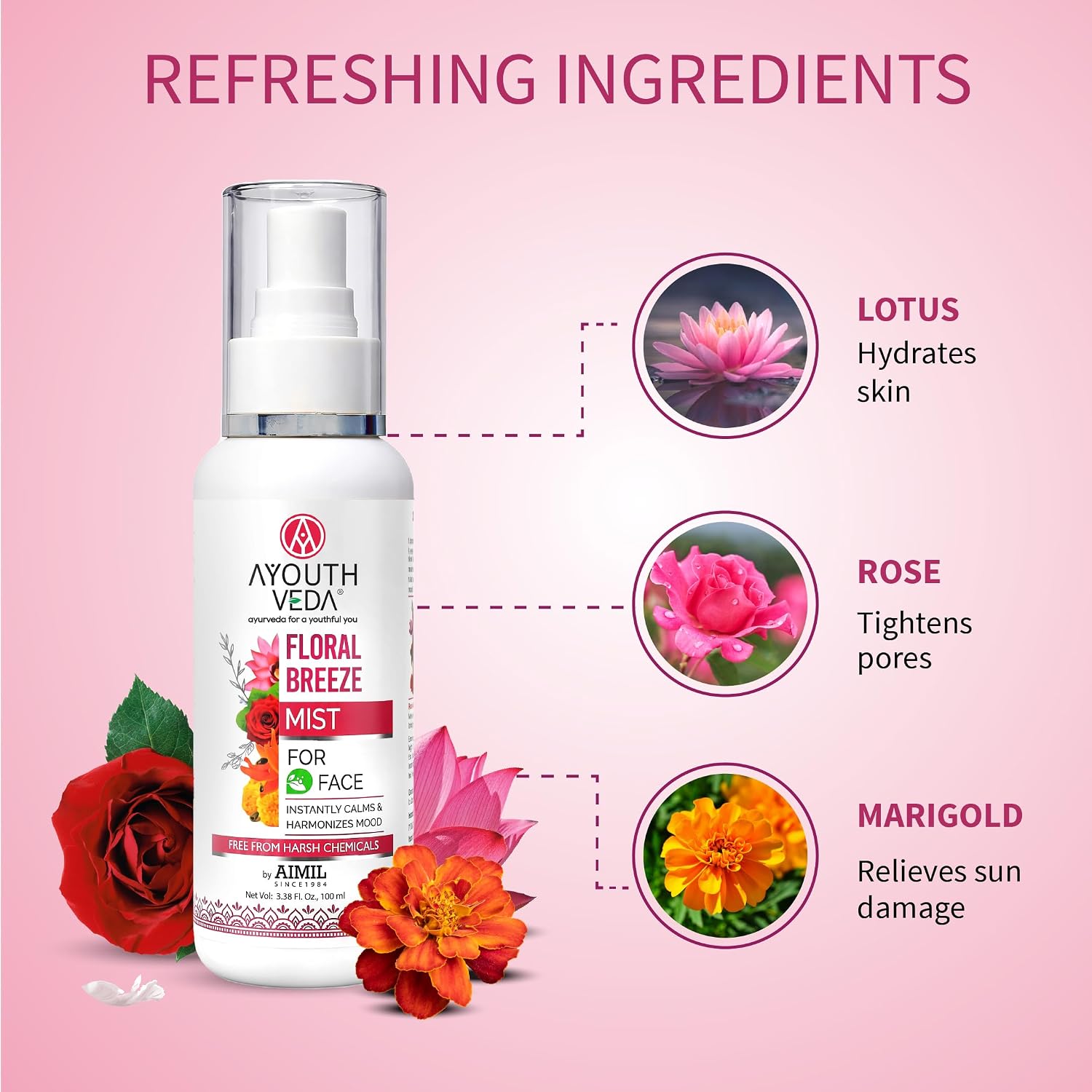 Ayouthveda Floral Breeze Face & Body Mist For Men & Women | Hydrates & Refreshes the Skin | Also Work As Makeup Setter |Free From Harsh chemicals | (Pack Of 1-100ml)