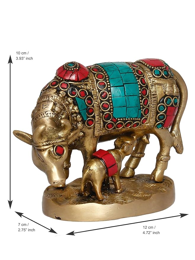 Ecraftindia Golden Stone Work Handcrafted Brass Cow and Calf Statue | Cow Statue With Calf Animal Figurine Decorative Showpiece