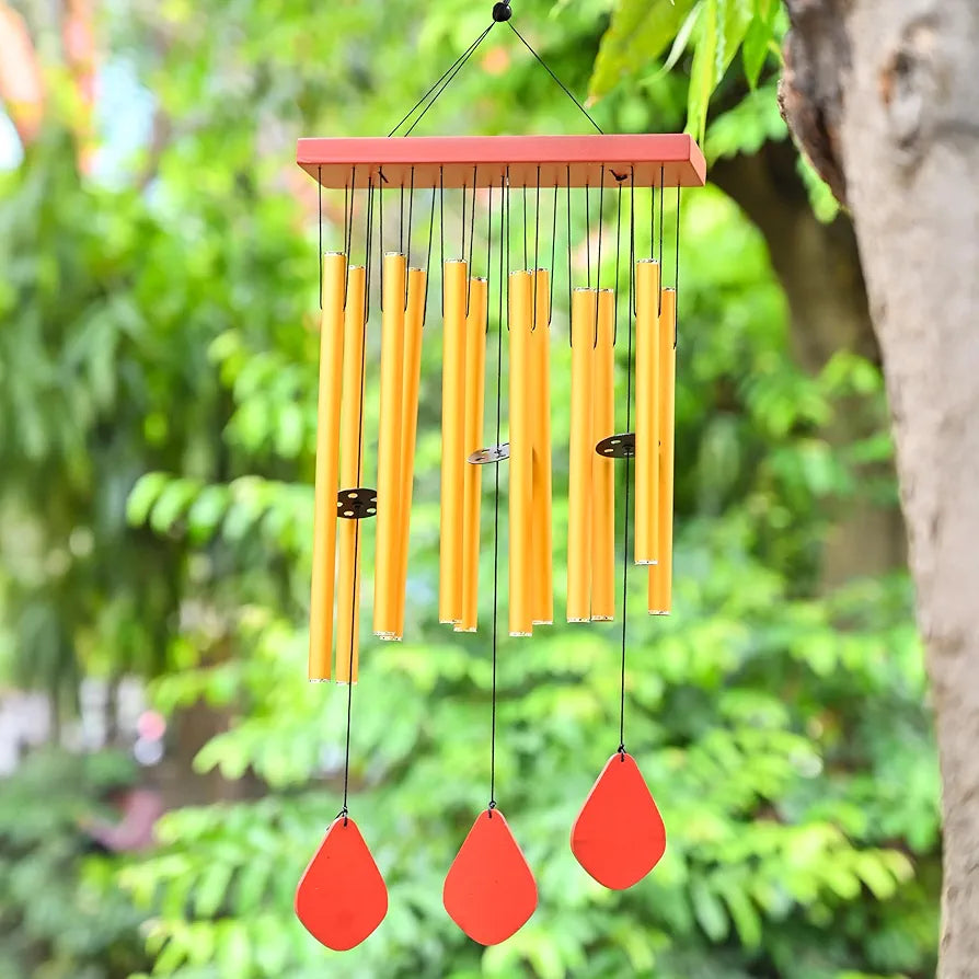 Zaicus Wind Chimes for Home Yellow Metal Pipes with Wooden Danglers Wind Chime-026