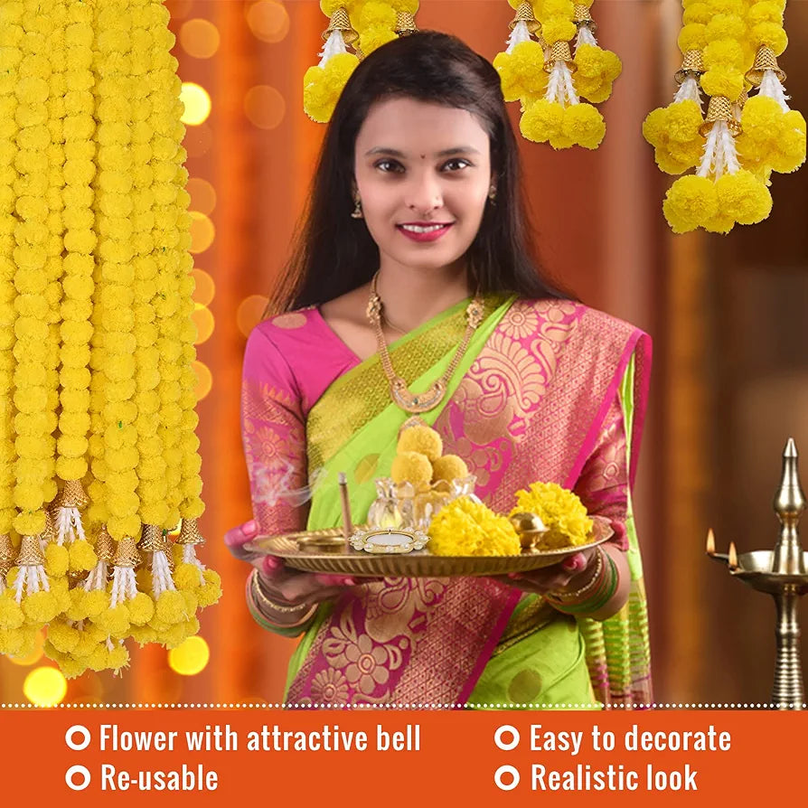 Marigold Artificial Flowers for Decoration Long Garland 5 Feet Long 5 Pcs Yellowbell