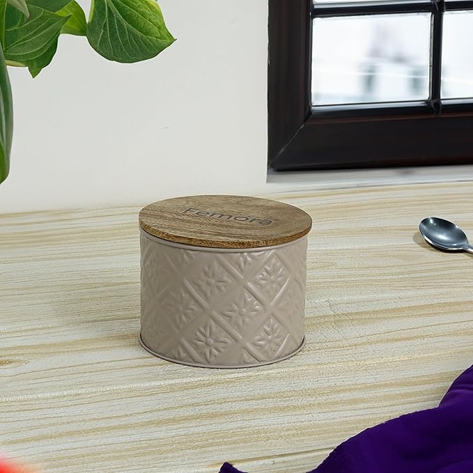 Femora Kitchen Storage Jars Tin Jar With Wooden Lid Air Tight Jar | 300 Ml | Set of 4