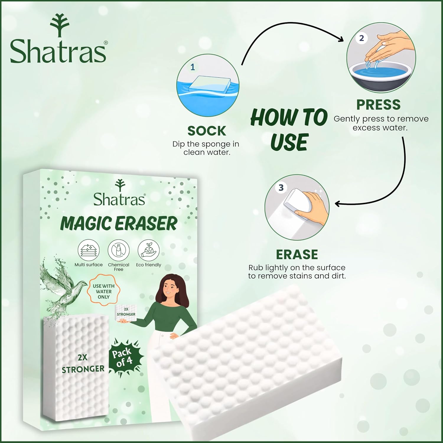 Shatras Magic Eraser Cleaning Sponge – Multipurpose Melamine Foam Stain Remover Foam for Walls, Kitchen, Bathroom, Tiles & Shoes | Just Add Water Stain Remover (Pack of-4)