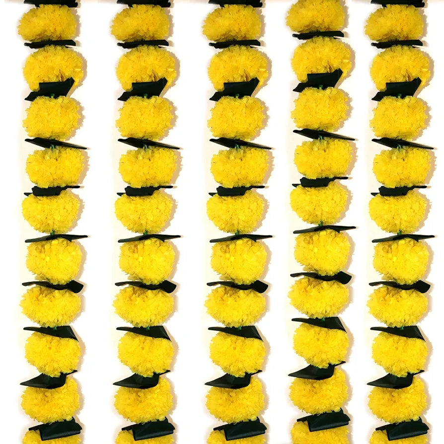 Reusable Artificial Flowers Hanging Garlands with Mango Leaf Artificial Marigold Genda Flowers Toran Pack of 3 Yellow With Leaf