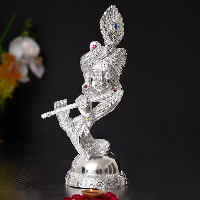 Ecraftindia Silver Metal Handcrafted Lord Krishna Playing Flute Statue | Decorative Showpiece