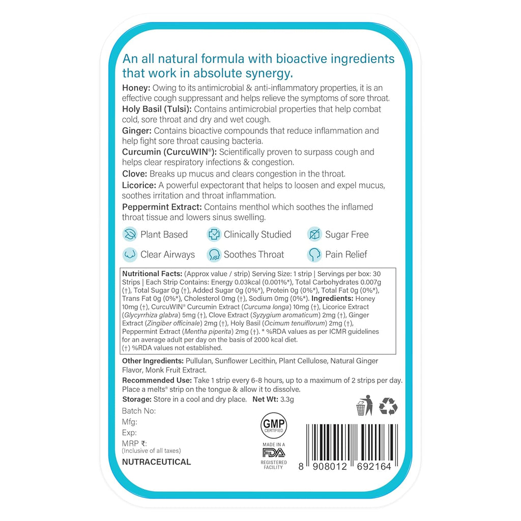 Wellbeing Nutrition Melts instant Throat Relief with 100% Natural Tulsi, Manuka Honey, Clove, Licorice, Curcumin, Ginger, Mint for Cough, Sore Throat, Irritation and Pain Relief (30 Oral Strips)