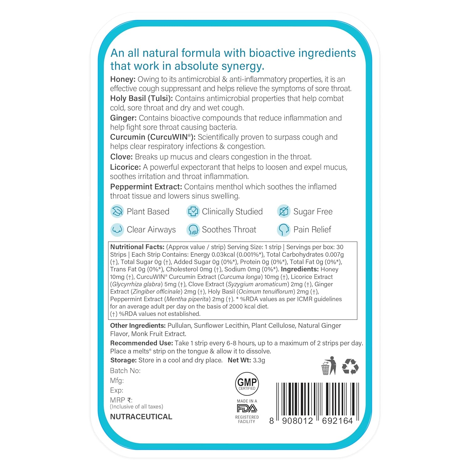 Wellbeing Nutrition Melts instant Throat Relief with 100% Natural Tulsi, Manuka Honey, Clove, Licorice, Curcumin, Ginger, Mint for Cough, Sore Throat, Irritation and Pain Relief (30 Oral Strips)