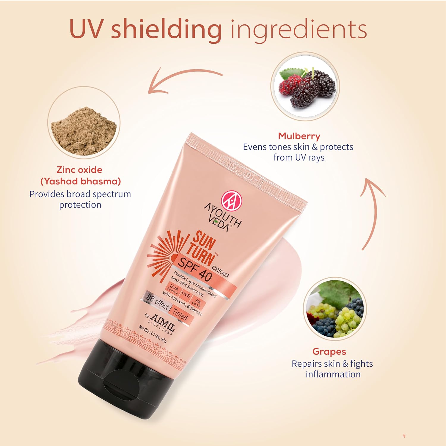 Ayouthveda Sunturn Cream SPF 40 Tinted Sunscreen with BB Effect & PA++++ | Zinc Oxide, Aloe Vera & Berry Extracts | Broad Spectrum UVA/UVB & Blue Light Protection | No White Cast | Lightweight & Water Resistant | 60g (Pack of 1)