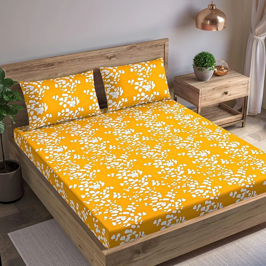 Trance Home Linen 200TC 100% Cotton 78"x60" Standard Queen Size Elastic Fitted Bedsheet with 2 Pillow Covers Colour Ginkgo Leaves Yellow White
