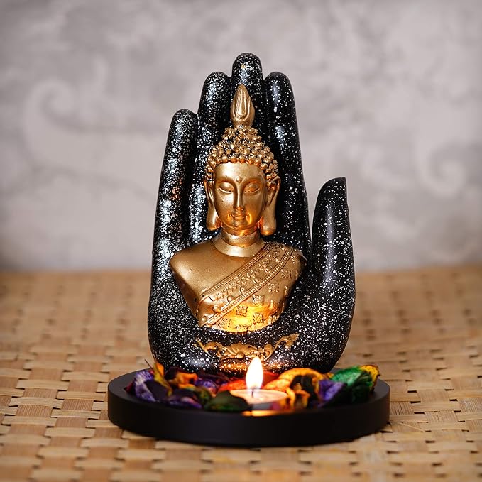 Ecraftindia Black Golden Resin Palm Buddha Statue Tea Light Holder | Lord Buddha Statue for Living Room