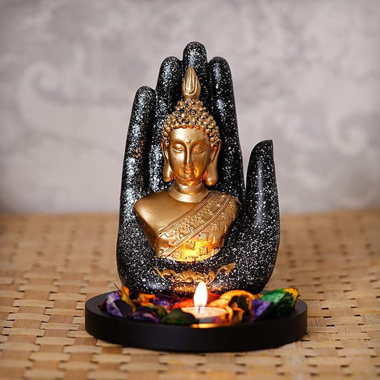 Ecraftindia Black Golden Resin Palm Buddha Statue Tea Light Holder | Lord Buddha Statue for Living Room