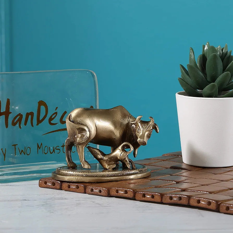 Two Moustaches Brass Kamdhenu Cow & Calf Showpiece