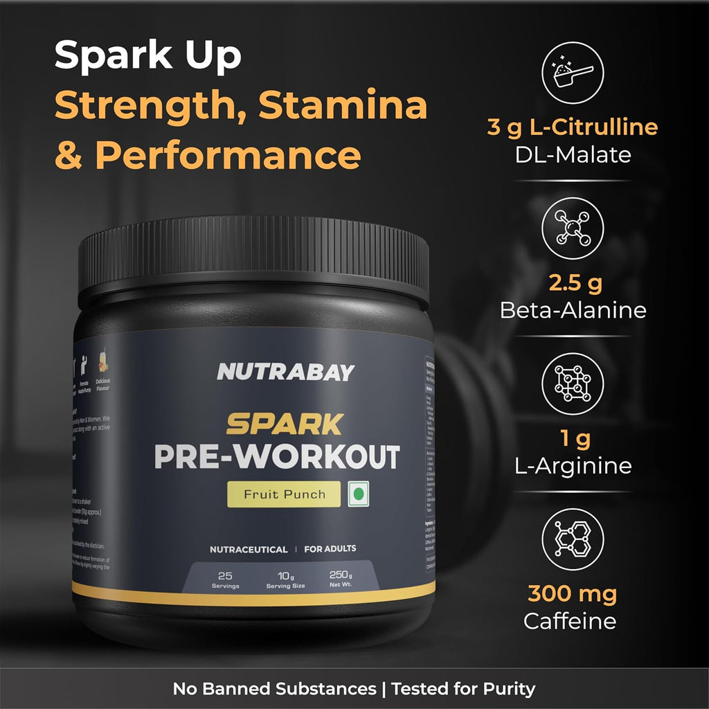 Nutrabay Gold Spark Pre Workout Supplement Powder 300mg Caffeine, 1000mg L-Arginine, 3000mg Beta Alanine, 2500mg Citrulline Malate per Serving â€“ Muscle Pump & Performance â€“ 250g, Fruit Punch