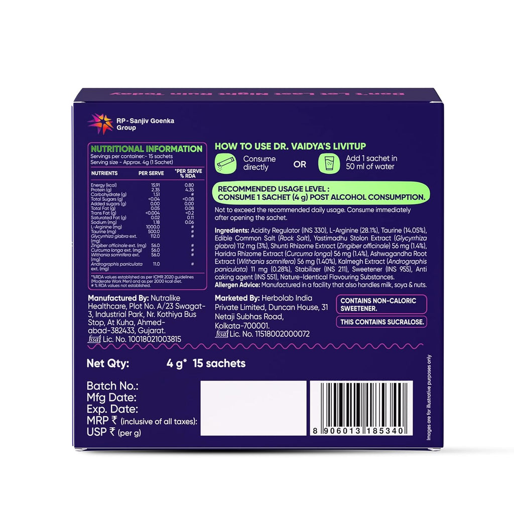 Dr. Vaidya's Livitup Post Party Fix | Hangover Relief & Liver Support | Helps Prevent Headache, Nausea & Acidity | With Sunthi, Ashwagandha & Taurine |15 Sachets (Pack of 1)