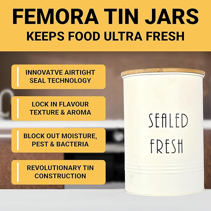 Femora Kitchen Storage Jars Tin Jar With Wooden Lid Air Tight Jar | 900 Ml | Set of 2